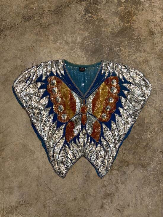 Vintage Tops - Y2K Sequin Butterfly Top Vintage 80s Disco with Flutter Sleeves 100% Silk Blue